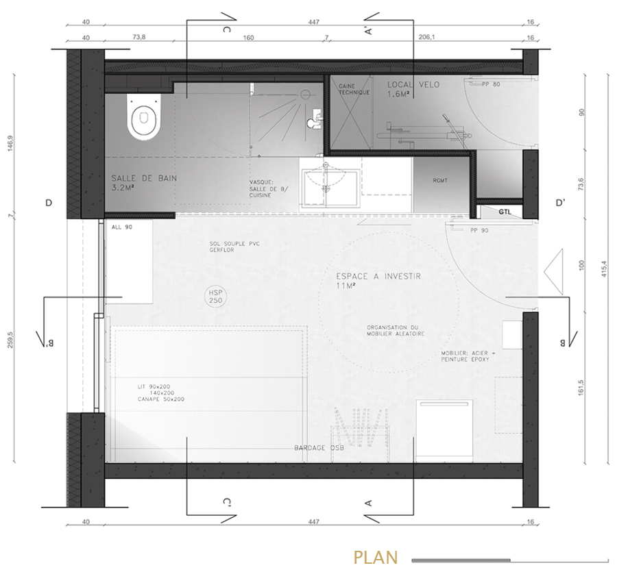 plan 2D d'un projet de chambre étudiante optimisé par une architecte d'intérieure à Lyon