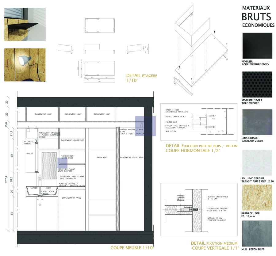 coupe et planche de materiaux d'architecture d'intérieure, optimisation petit espace