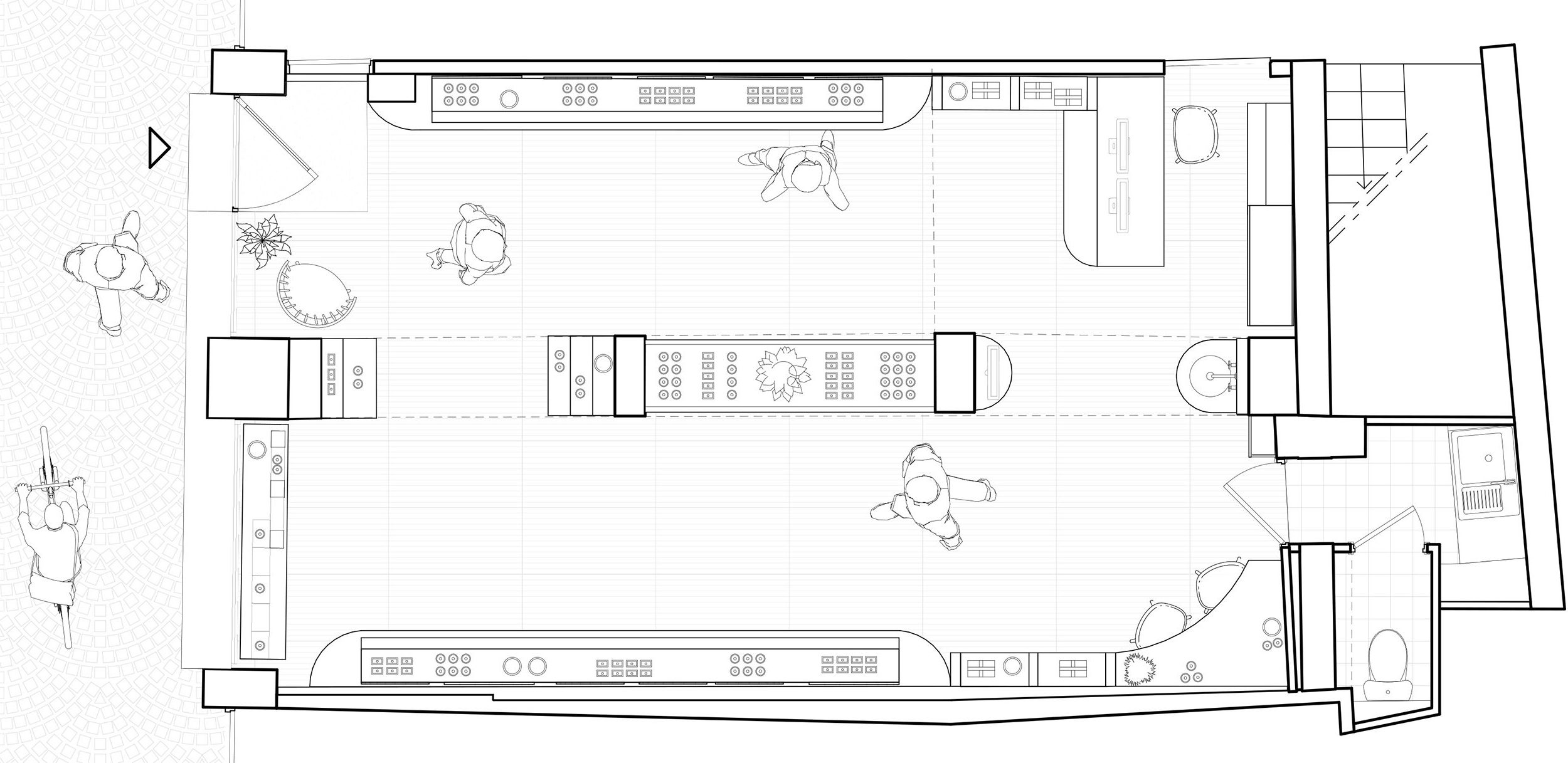 Rénovation d'un appartement Plan d'organisation intérieur montrant la disposition des présentoirs en périphérie du local et un meuble bas central.